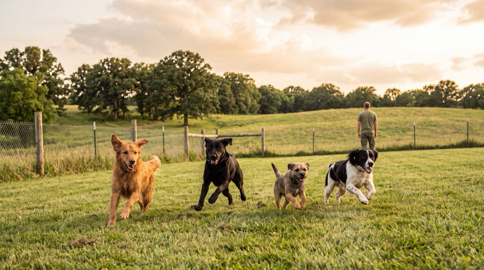 Dogs running in grassy play yard at Woodbine Hill Kennel